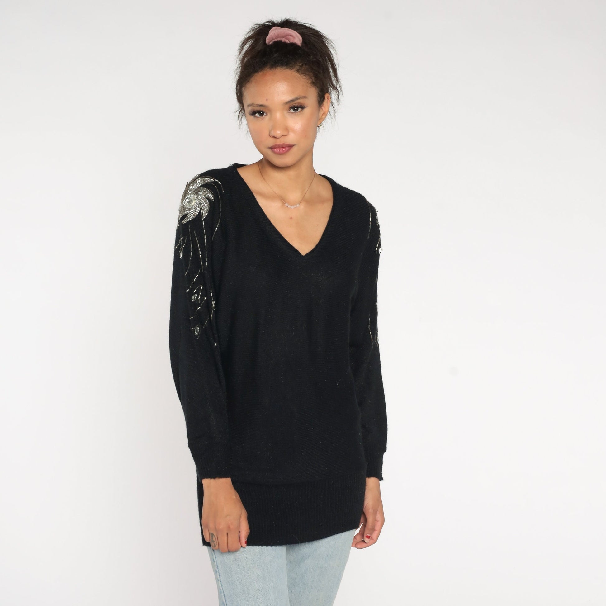 80s Black Knit Sweater Silver Beaded Swirl Dolman Sleeve Pullover Medium