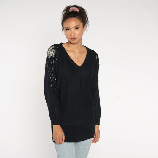 80s Black Knit Sweater Silver Beaded Swirl Dolman Sleeve Pullover Medium