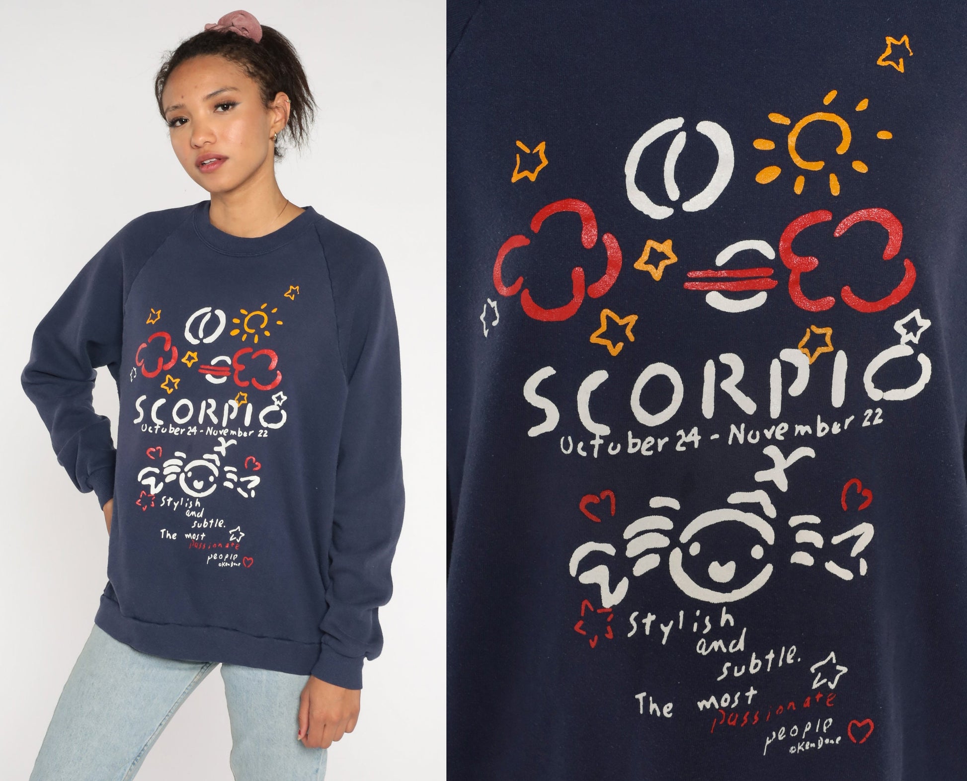 90s Ken Done Scorpio Zodiac Astrology Sweatshirt Navy Raglan Medium