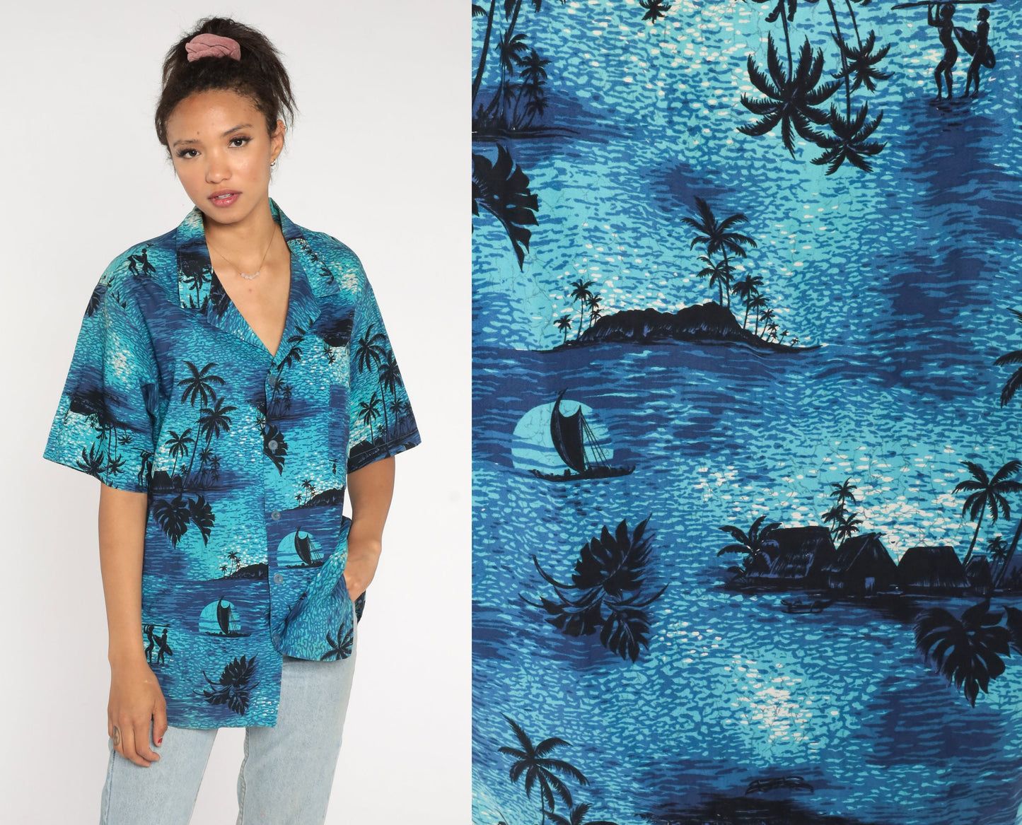 80s Tropical Surfer Shirt Blue Cotton Button Up Palm Tree Graphic Extra Large