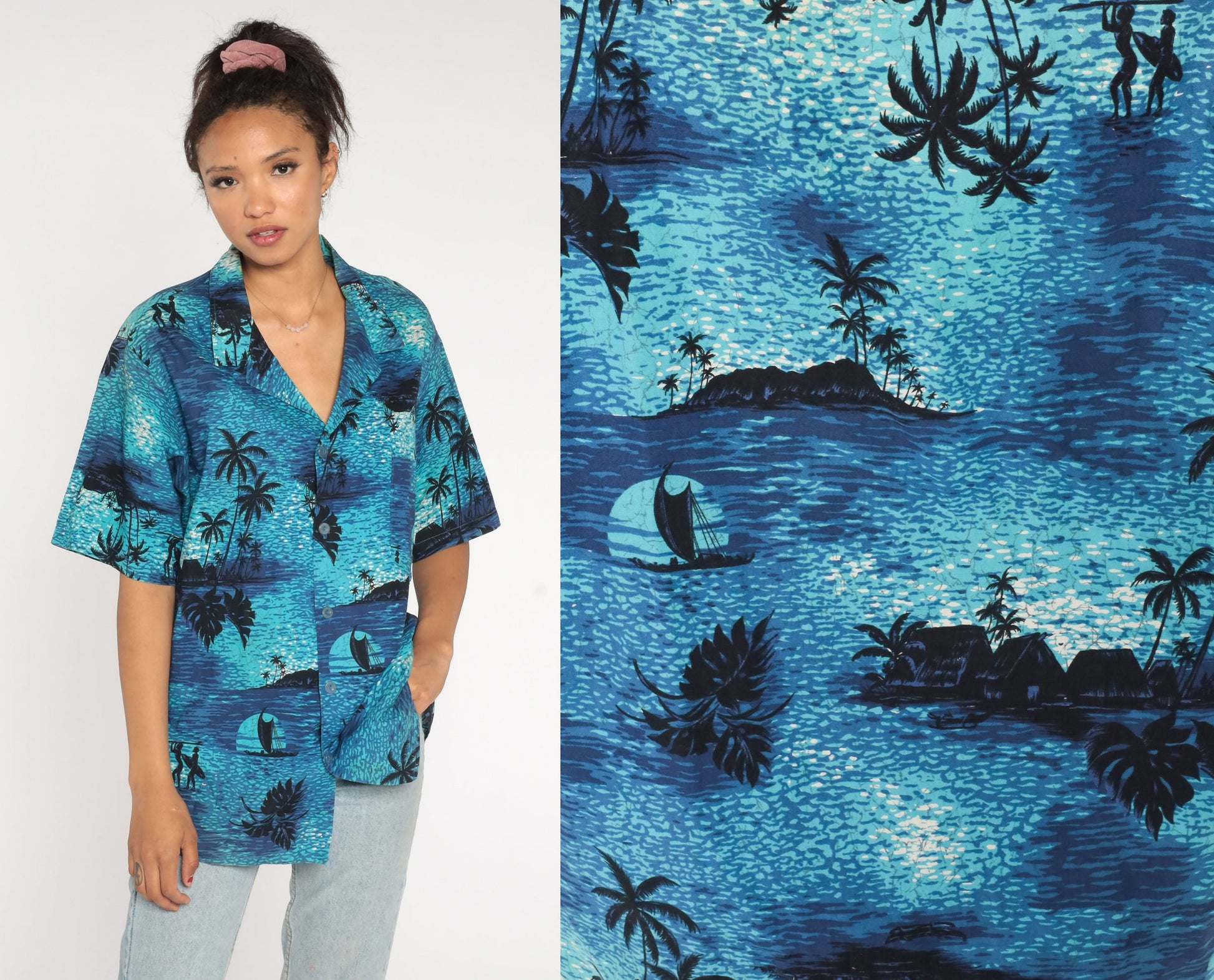 80s Tropical Surfer Shirt Blue Cotton Button Up Palm Tree Graphic Extra Large