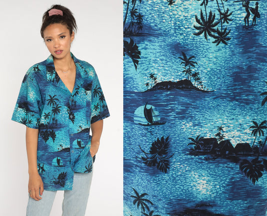 80s Tropical Surfer Shirt Blue Cotton Button Up Palm Tree Graphic Extra Large