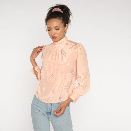 80s Peach Embossed Blouse Puff Sleeve Mock Neck Geometric Button Back Small