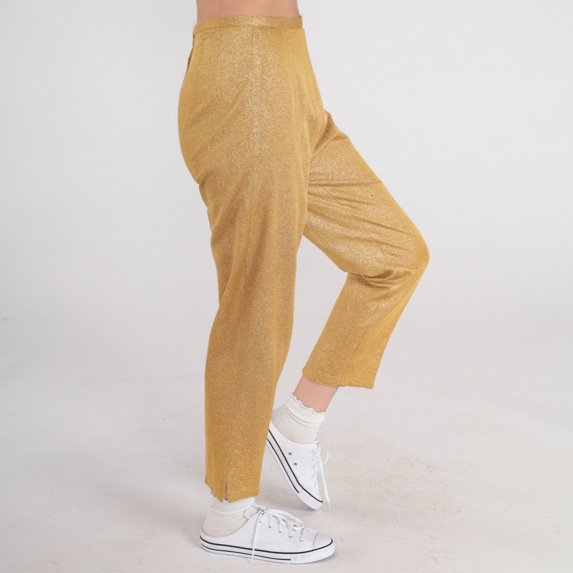70s Metallic Gold Sparkly High-Waist Straight Trousers Small