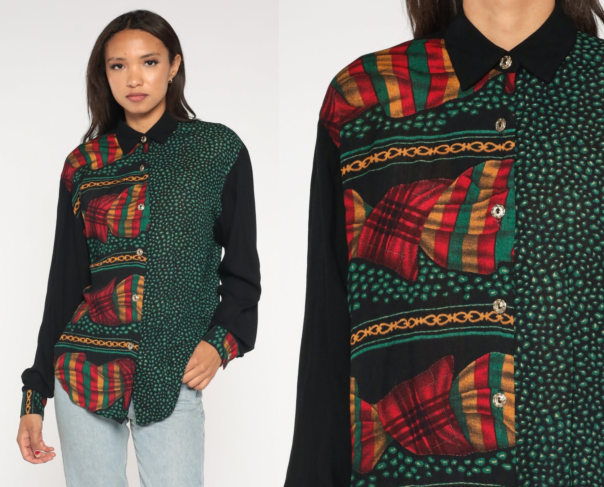 90s Baroque Flag Pebble Print Blouse Black Green Button Up Long Sleeve Small