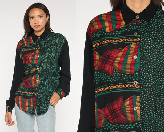90s Baroque Flag Pebble Print Blouse Black Green Button Up Long Sleeve Small