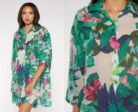 80s Floral Shirtdress White Mini Dress 3/4 Sleeve Button-Up Large