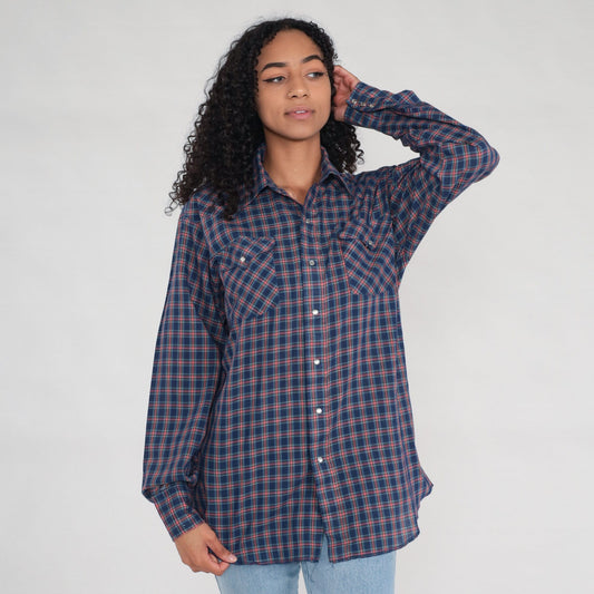 80s Plaid Pearl Snap Western Shirt Blue Cotton Men's Large