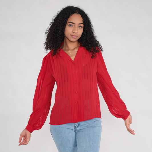 80s Red Striped Puff Sleeve Button-Up Blouse Semi-Sheer Long Sleeve Medium Large