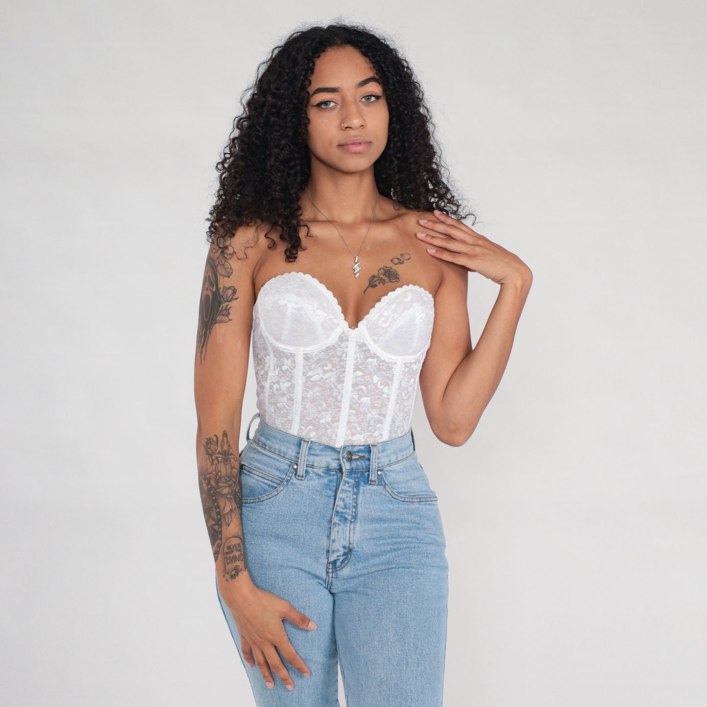 80s White Floral Lace Bustier Corset Boned Strapless Sweetheart 36B