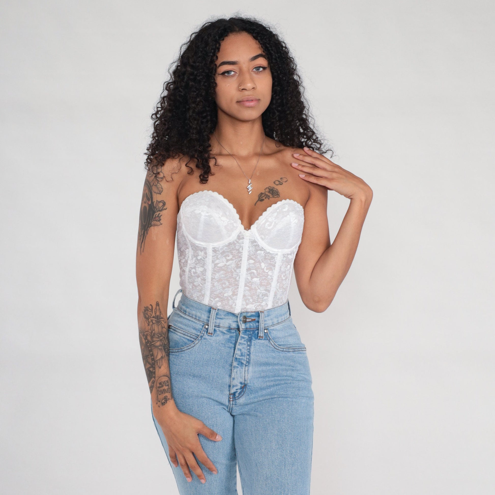 80s White Floral Lace Bustier Corset Boned Strapless Sweetheart 36B