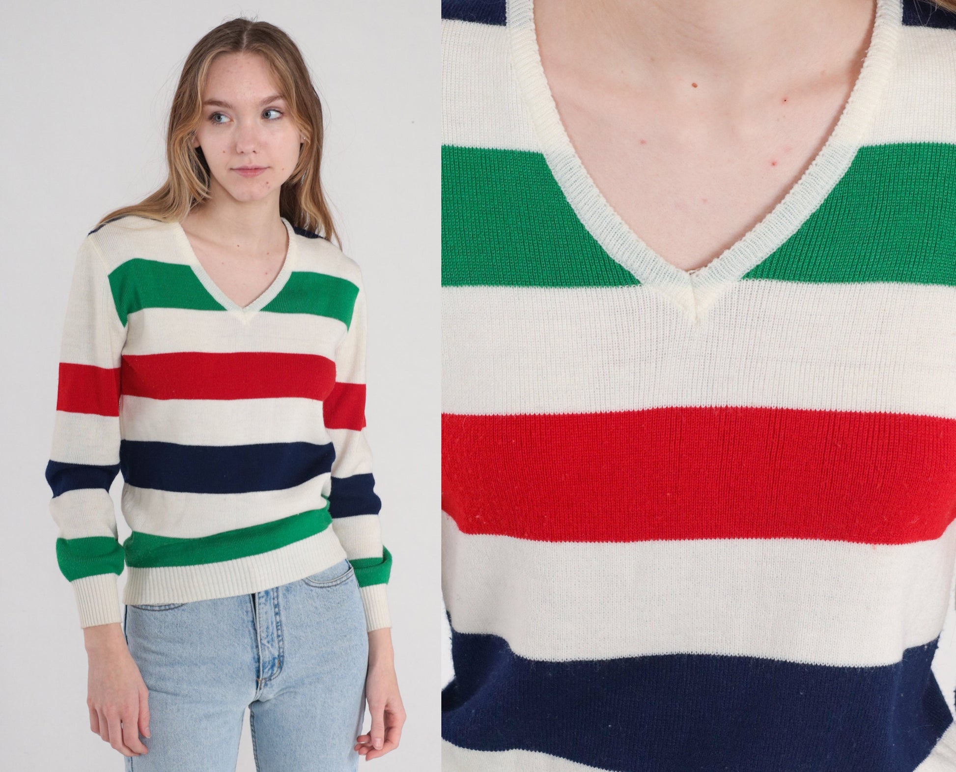 80s Striped V-Neck Sweater White Red Green Navy Pullover Small