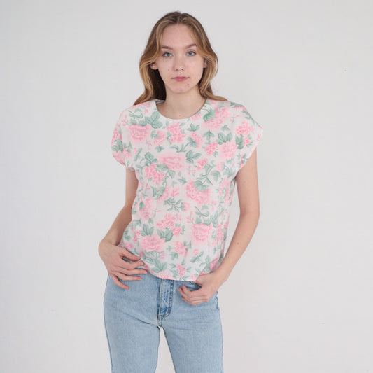 80s White Floral Blouse Cap Sleeve Peony Print Pink Green Medium