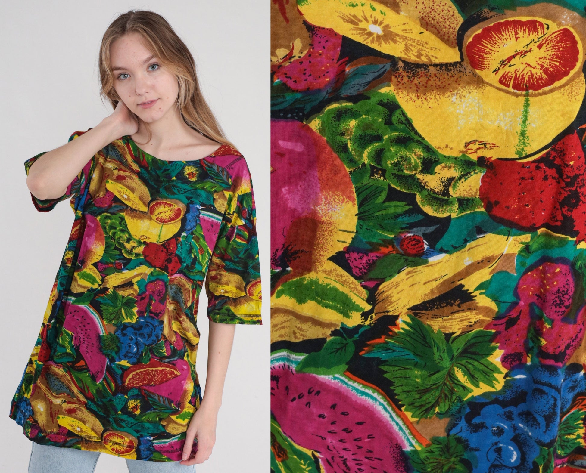 90s Fruit Print Cotton Tunic Blouse Watermelon Grape Colorful Short Sleeve Medium