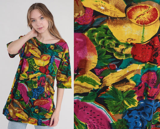 90s Fruit Print Cotton Tunic Blouse Watermelon Grape Colorful Short Sleeve Medium