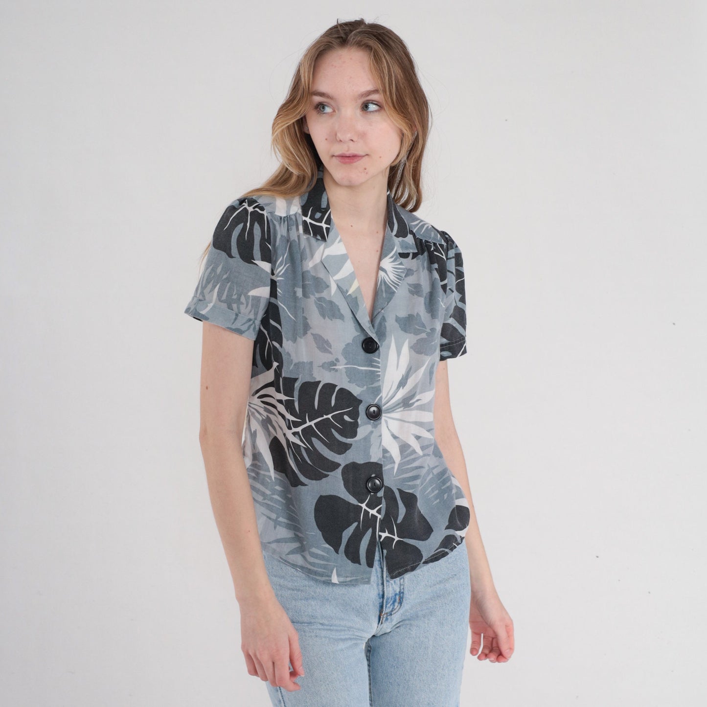 80s Grey Tropical Floral Blouse Puff Sleeve Button Up Small