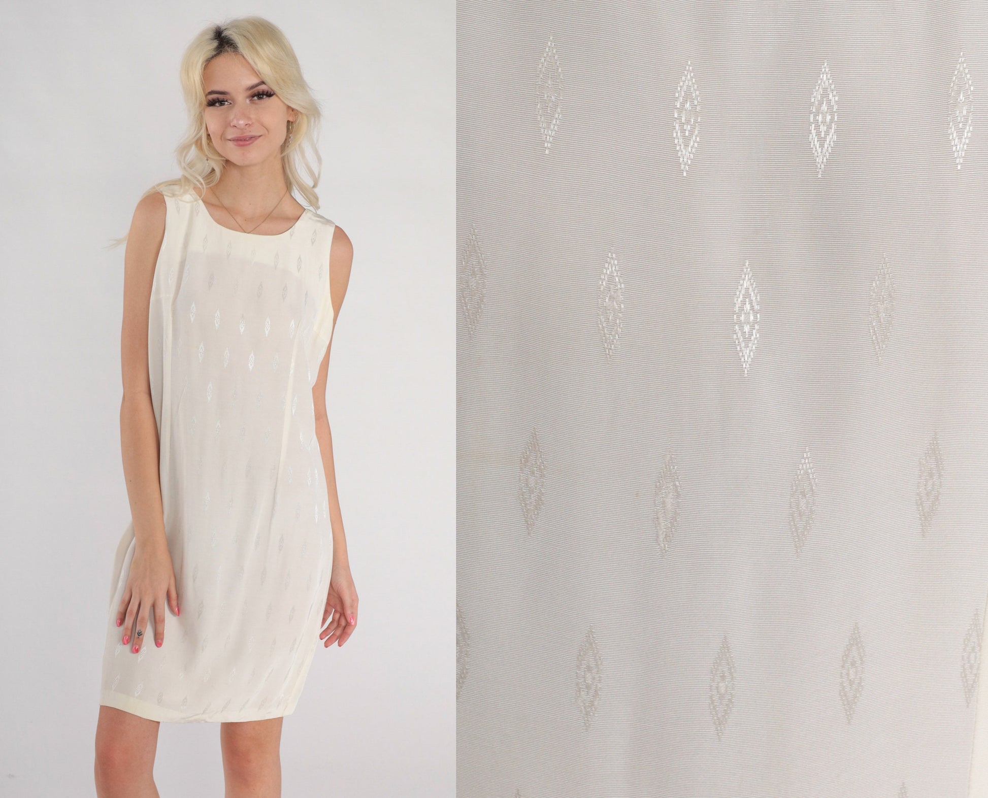 90s White Semi-Sheer Mini Shift Dress Embossed Diamond Print Sleeveless Medium M