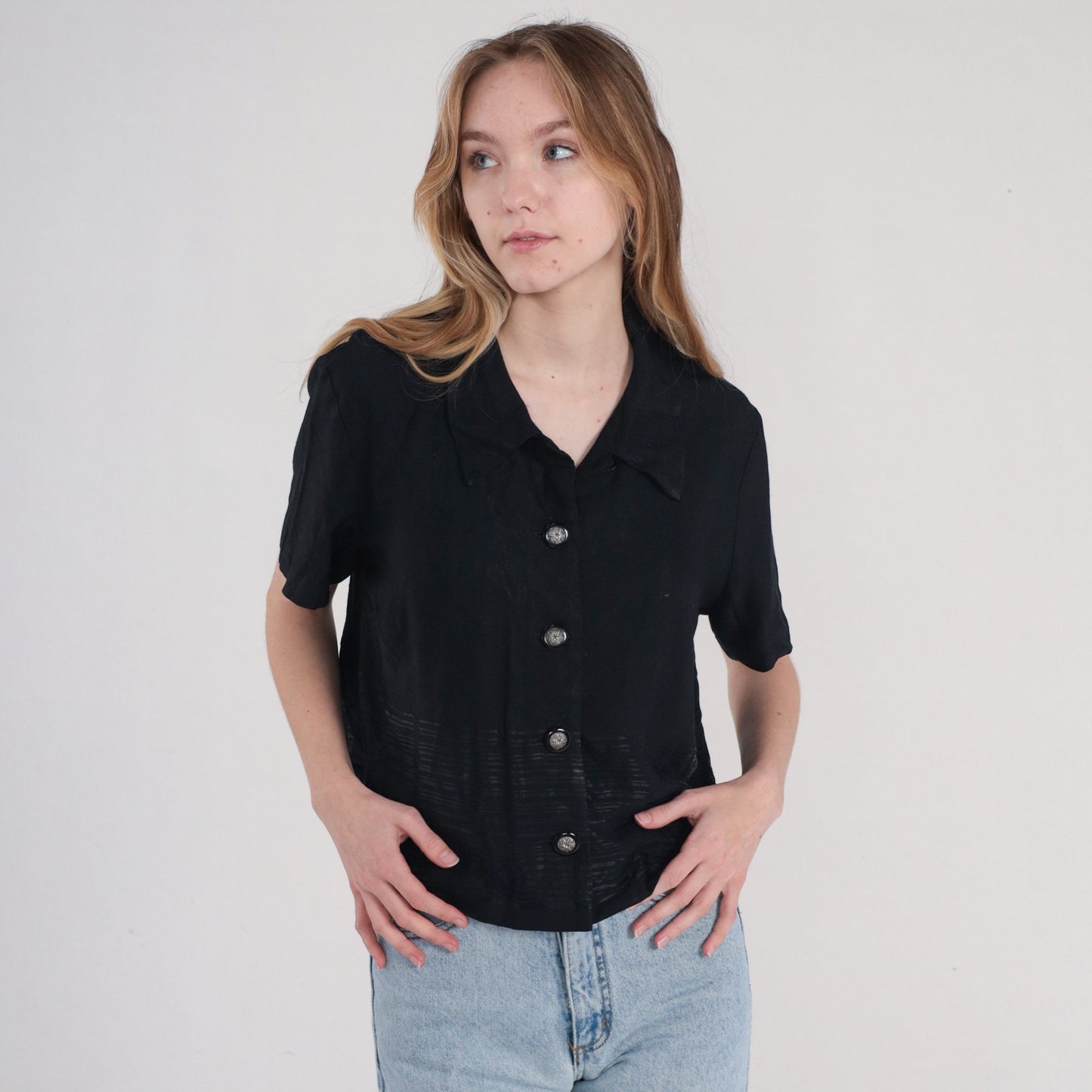 90s Black Button-Up Blouse Shiny Striped Short Sleeve Large L