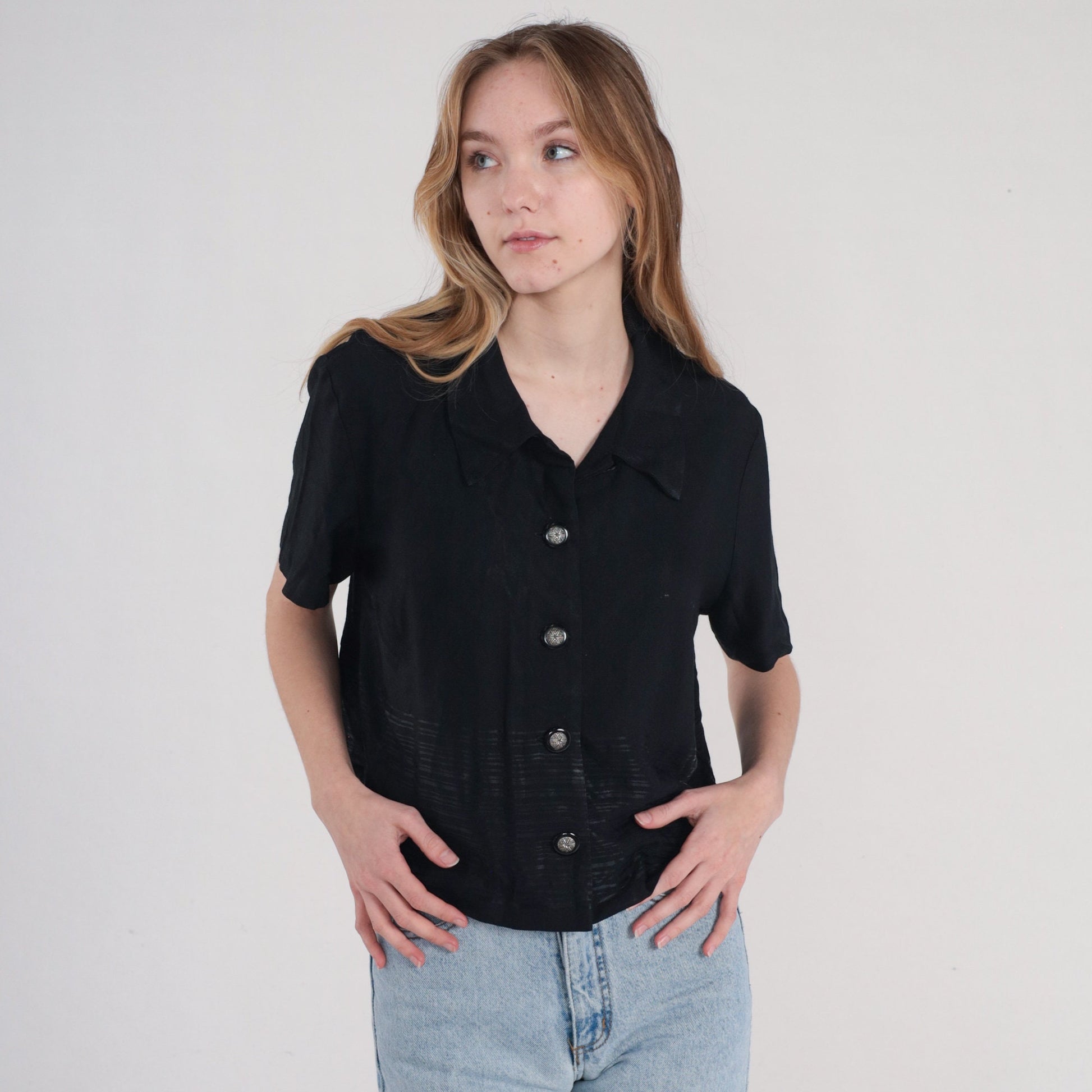 90s Black Button-Up Blouse Shiny Striped Short Sleeve Large L