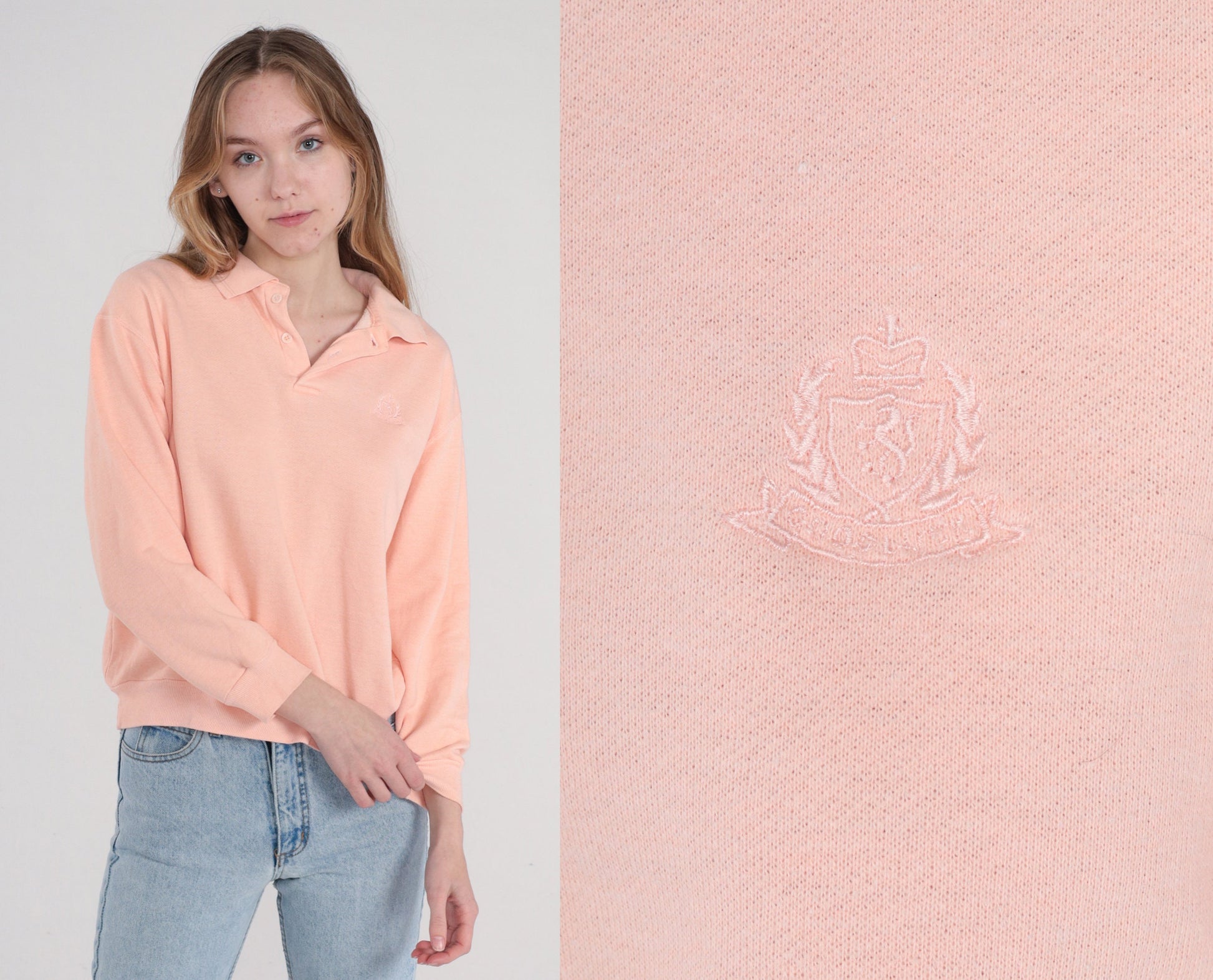 90s Polo Collared Sweatshirt Peachy Pink Embroidered Crest Medium