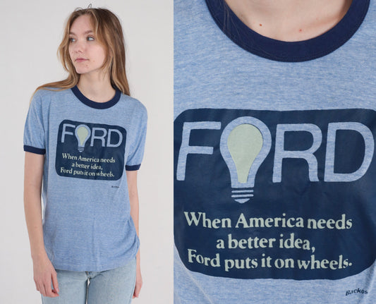 80s Ford Graphic Ringer Tee Blue Single Stitch Medium