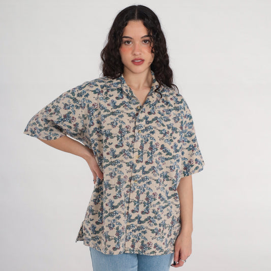 90s Beige Floral Button-Up Shirt Men's Large Short Sleeve Collared