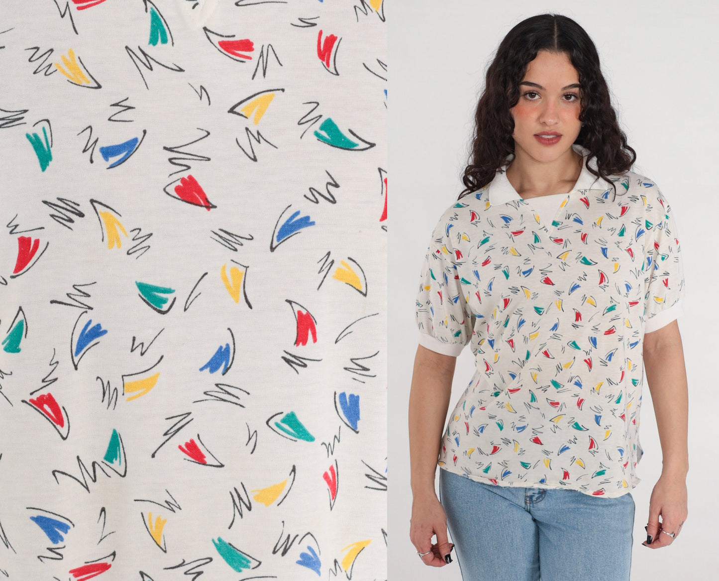 80s Squiggle Print Geometric Collared Shirt White Cotton Blend Large L