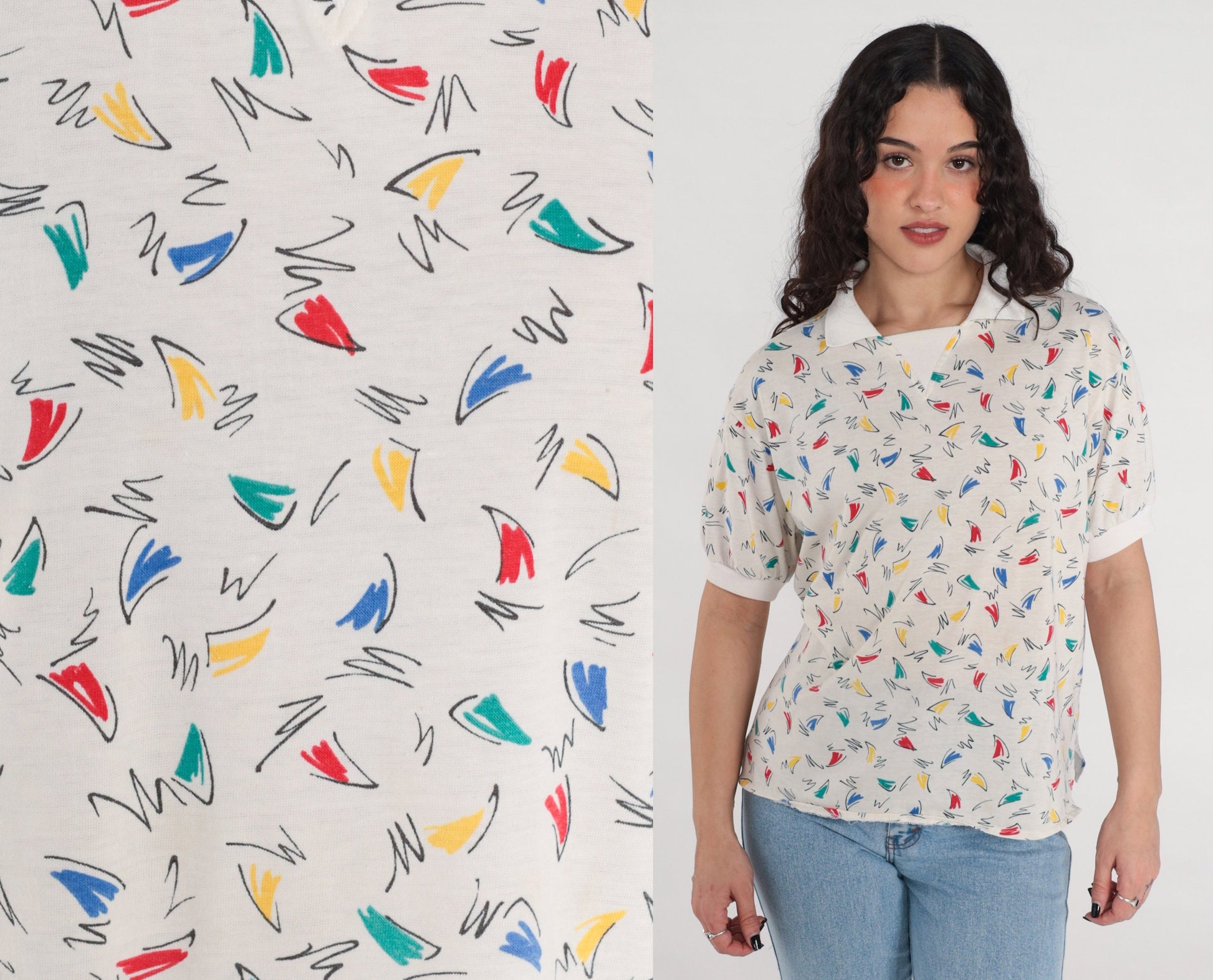 80s Squiggle Print Geometric Collared Shirt White Cotton Blend Large L