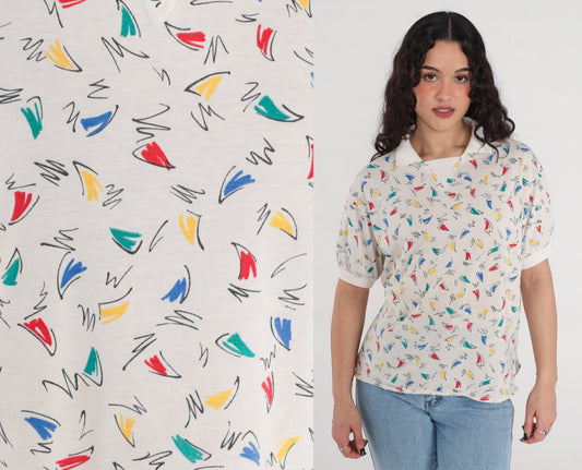 80s Squiggle Print Geometric Collared Shirt White Cotton Blend Large L