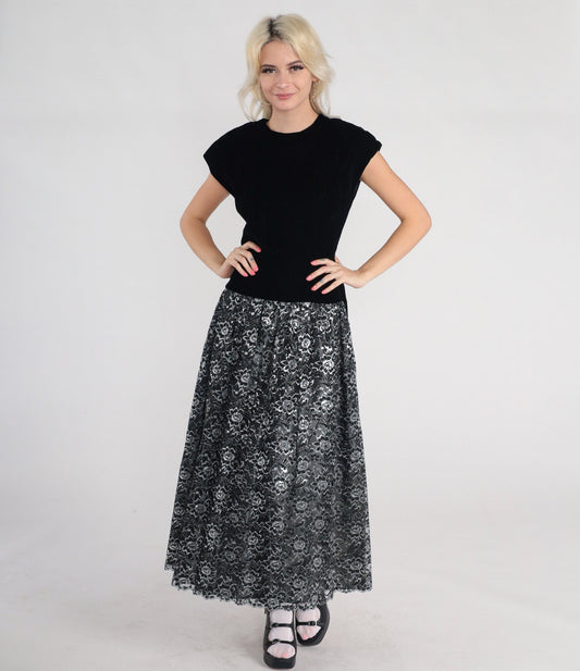 80s Black Velvet Metallic Floral Lace Maxi Dress Drop Waist Cap Sleeve Small