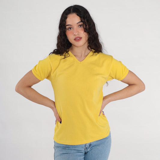 90s Yellow V-Neck T-Shirt Plain Cotton Blend Tee Small S