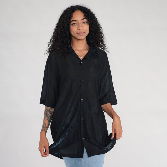 90s Metallic Blue Sparkle Sheer Black Button-Up Blouse Short Sleeve Extra Large XXL