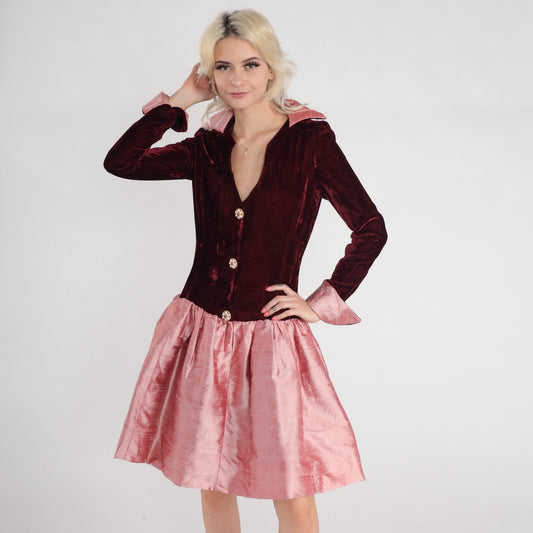 60s Red Velvet Pink Mini Dress Drop Waist Collared Long Sleeve Small S