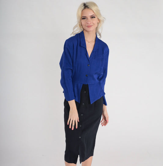 90s Carol Anderson Peplum Midi Dress Blue Black Button-Up Long Sleeve XS