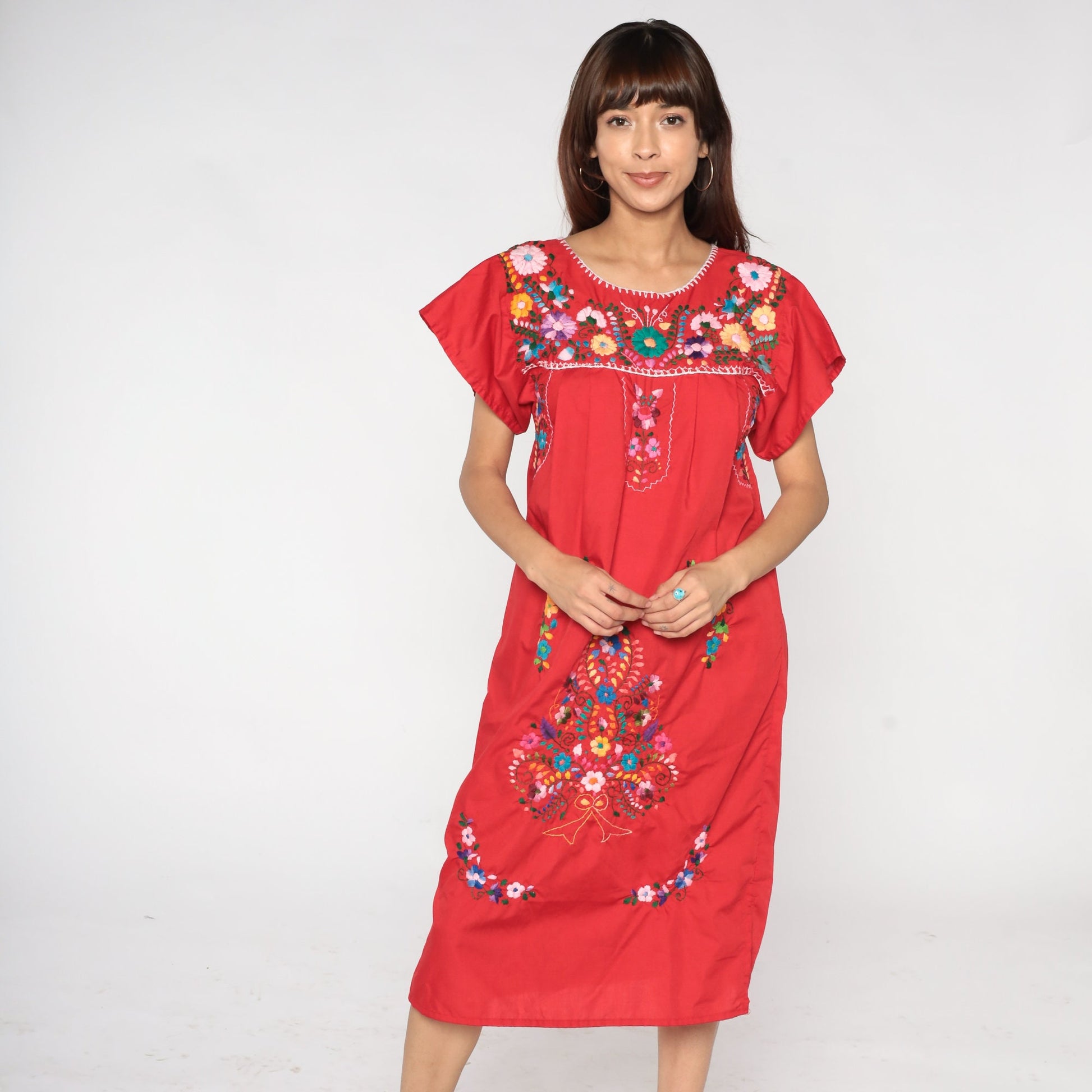 90s Mexican Embroidered Floral Midi Dress Red Cotton Small S