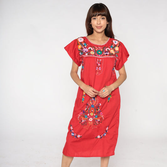 90s Mexican Embroidered Floral Midi Dress Red Cotton Small S