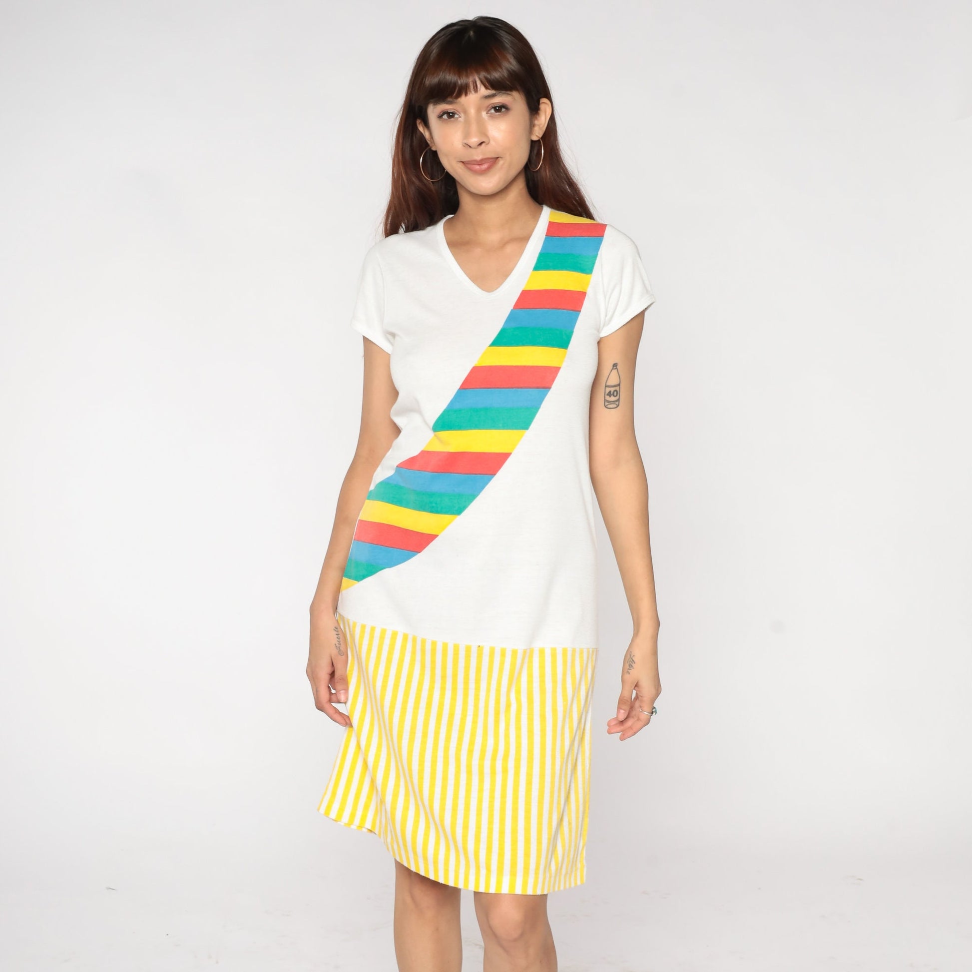 80s Rainbow Sash Striped T-Shirt Mini Dress White – Shopexile