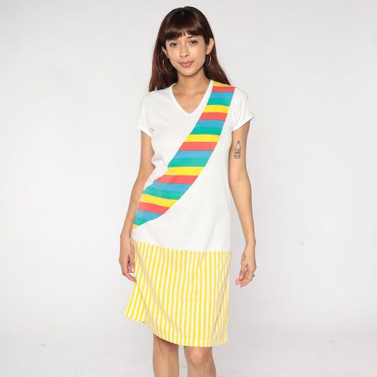 80s Rainbow Sash Striped T-Shirt Dress White Yellow Mini V-Neck Small S