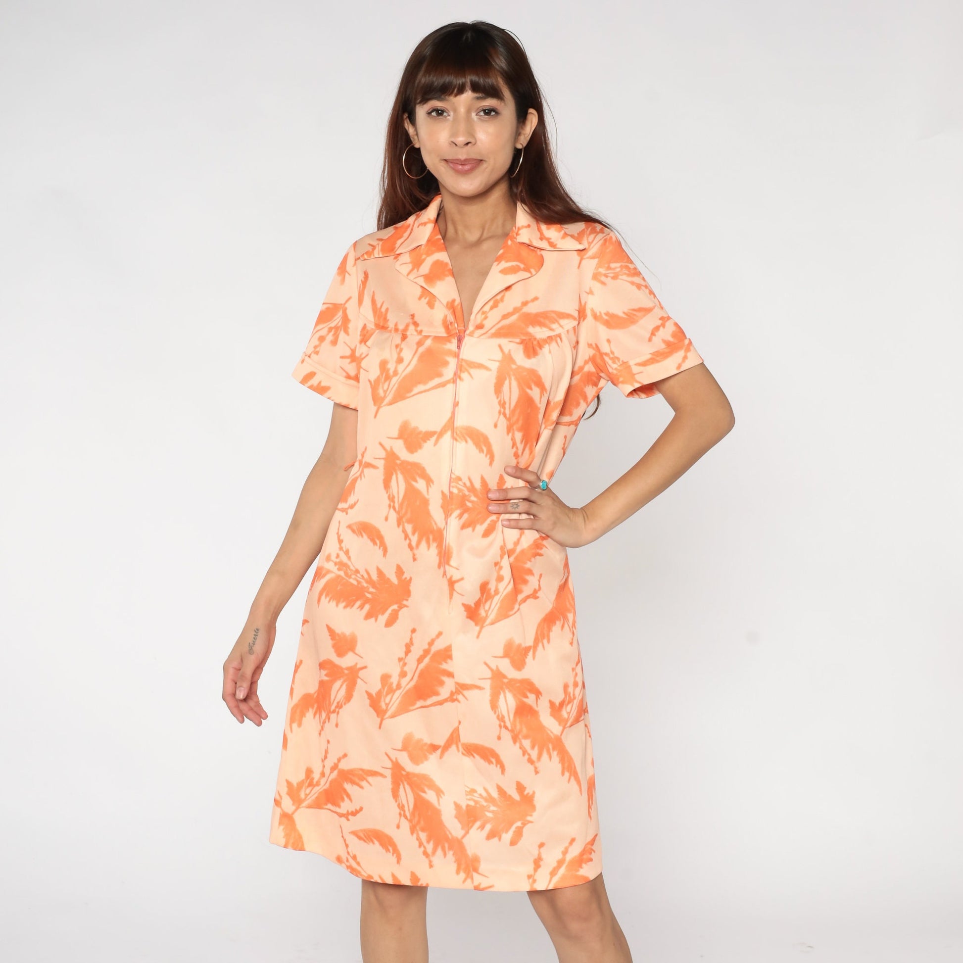 60s Orange Floral Shift Dress Feather Print Zip Front Knee Length XL