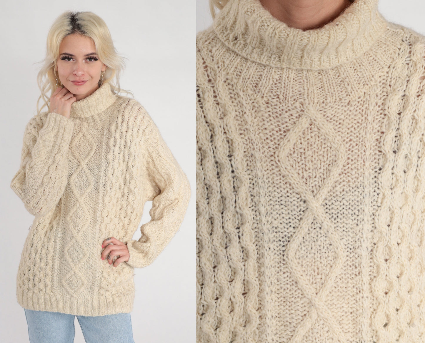 90s Liz Claiborne Cream Cable Knit Wool Turtleneck Sweater Medium M