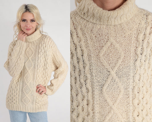 90s Liz Claiborne Cream Cable Knit Wool Turtleneck Sweater Medium M