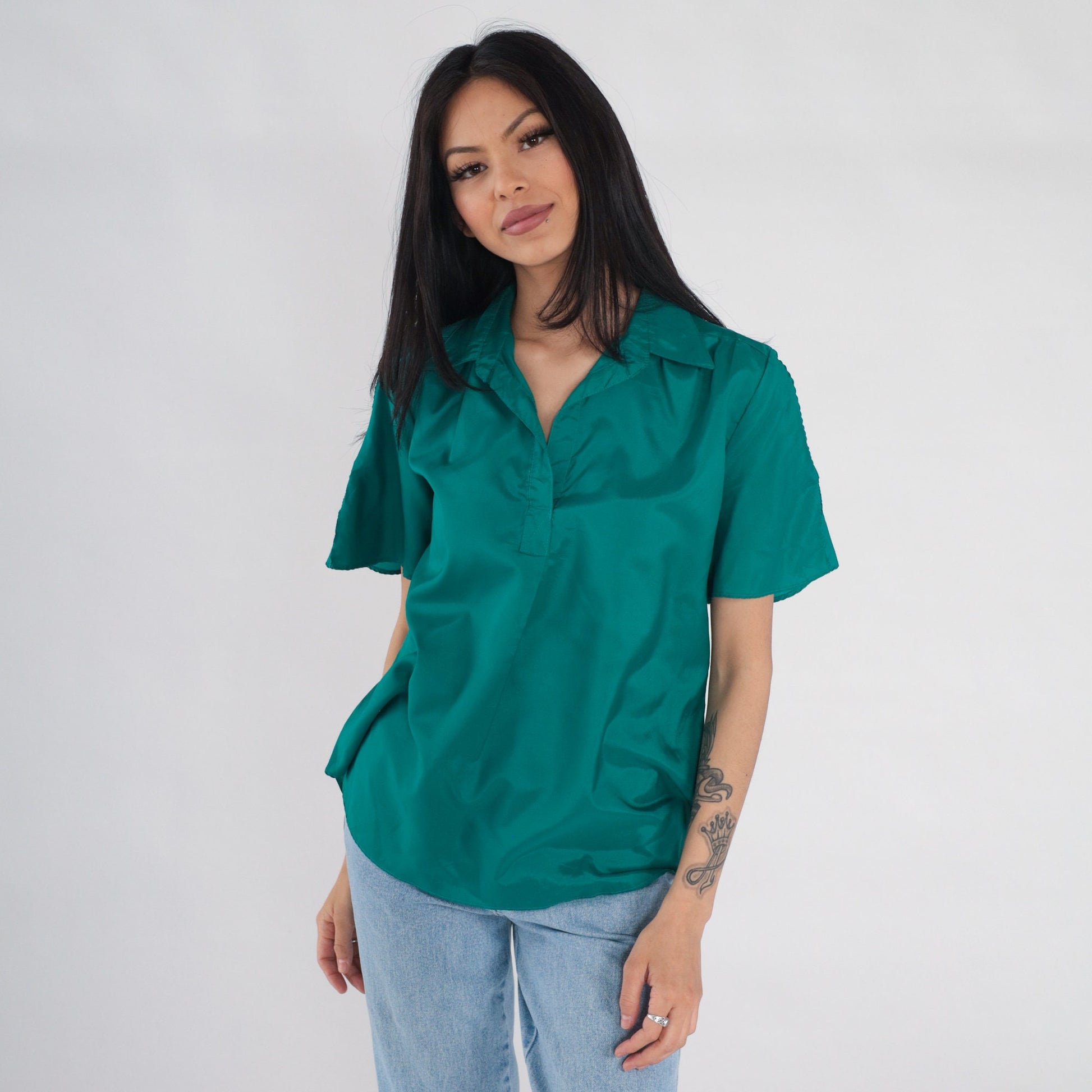 80s You Babes Green Collared Blouse Slit Sleeve V-Neck Medium Large