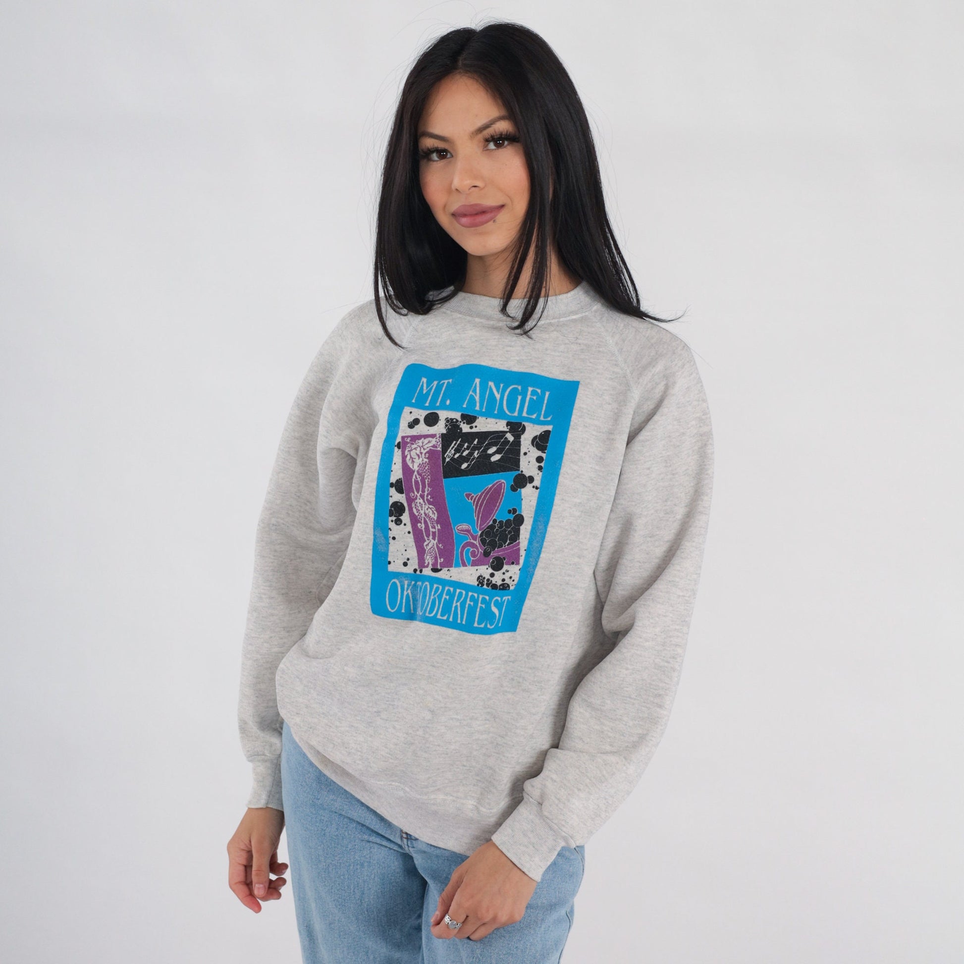 90s Mt. Angel Oktoberfest Oregon Raglan Sweatshirt Heather Grey Graphic Large