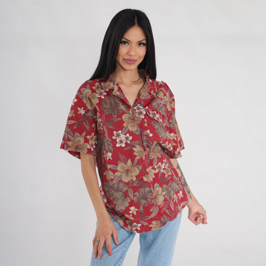 90s Red Tropical Floral Button-Up Shirt Short Sleeve Plumeria Print Extra Large XL