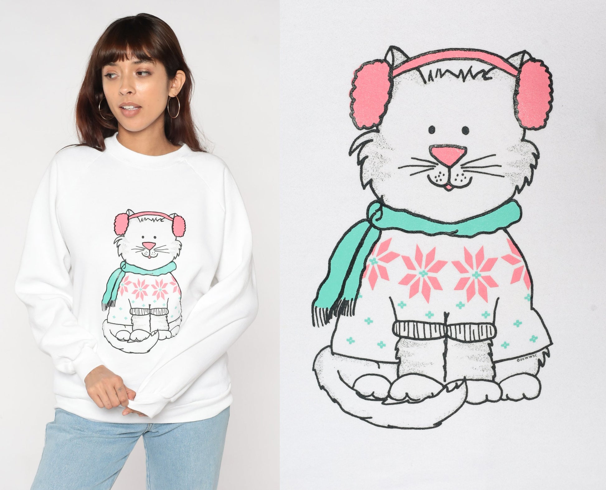 90s Winter Cat Front Back Print Sweatshirt White Jerzees Raglan Large L