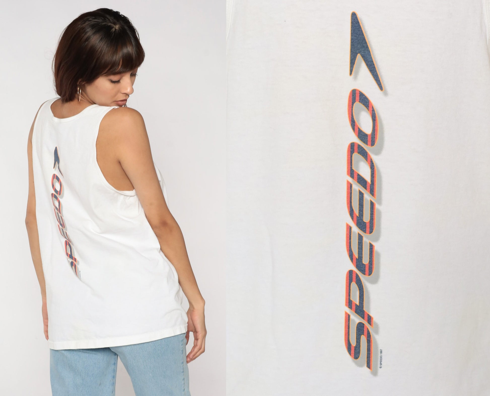 90s Speedo Tank Top White Graphic Sleeveless Swim Tee Large L