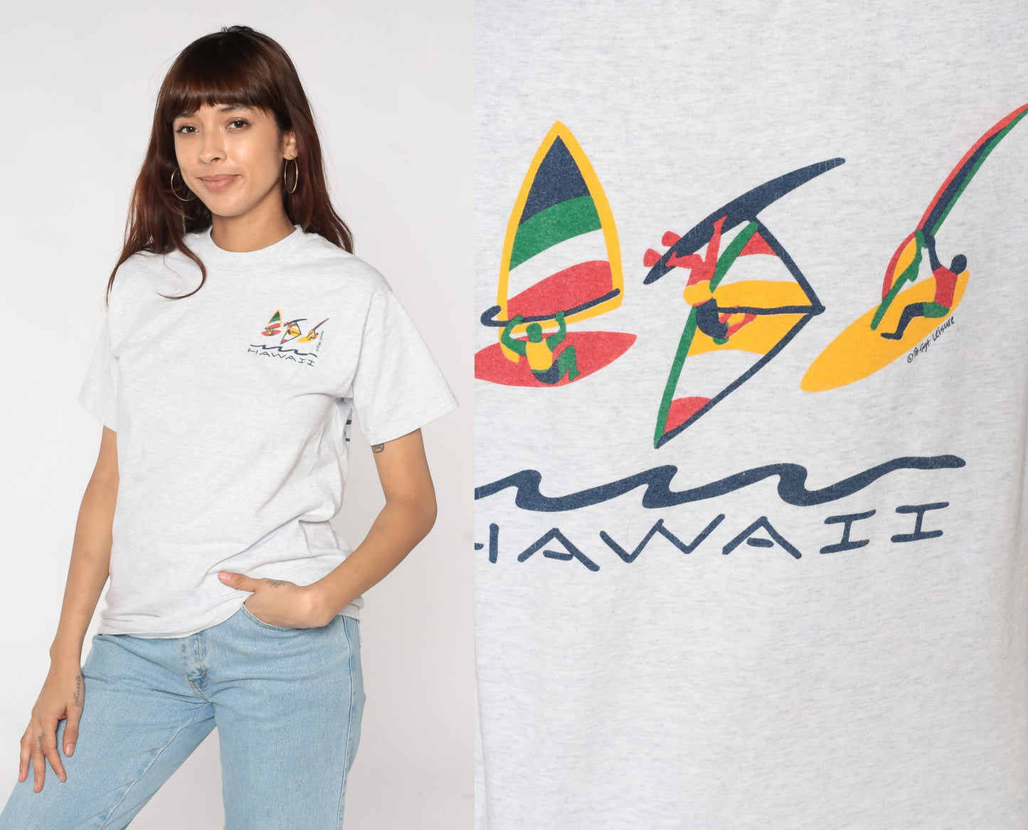 90s Hawaii Windsurfing Graphic T-Shirt Light Grey Cotton Single Stitch Small