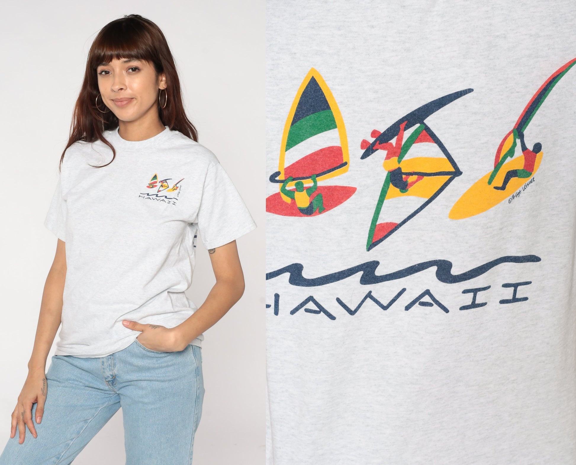 90s Hawaii Windsurfing Graphic T-Shirt Light Grey Cotton Single Stitch Small