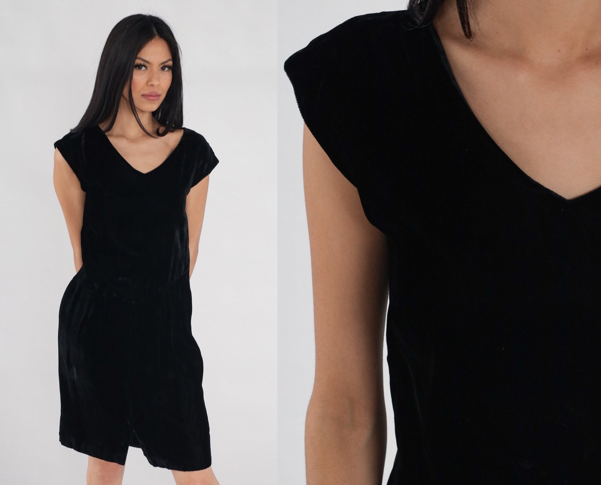 60s Black Velvet Mini Dress Cap Sleeve Pencil Front Slit Small