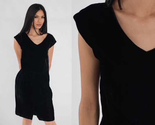 60s Black Velvet Mini Dress Cap Sleeve Pencil Front Slit Small